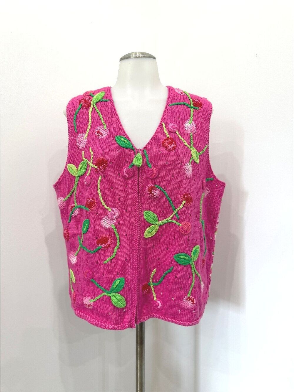 Susan Bristol Pink Knit Vest with Cherry Embroidery, Size L